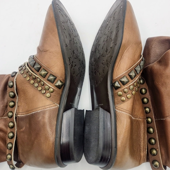 Matisse Brown Cognac Fold Foldable Slip-On Studs Strap Mid-Calf Boot Size 7.5 M - Picture 9 of 16